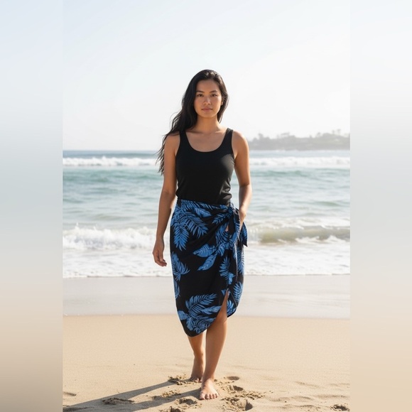 None Other - Black and Blue Leaf Print Women's Swim Dress